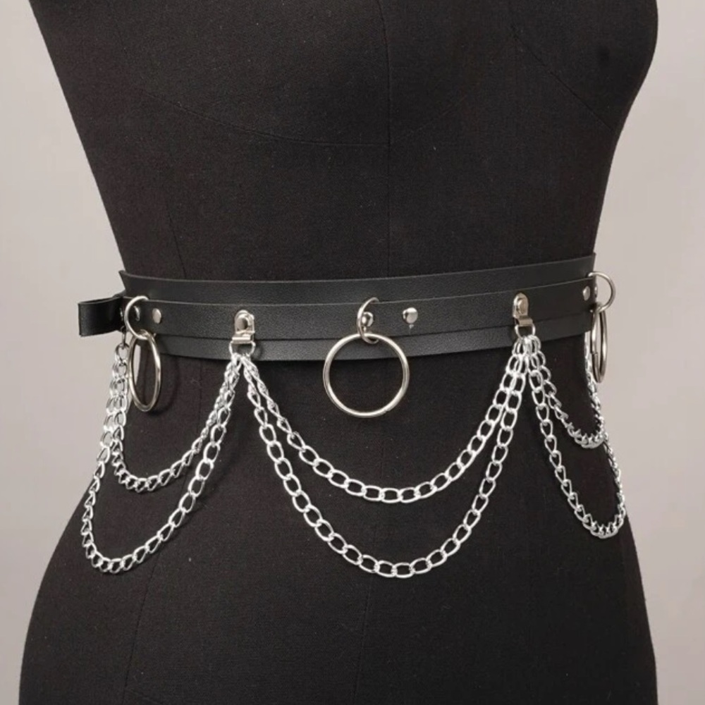 PU Leather Layered Chain Waist Harness Belt